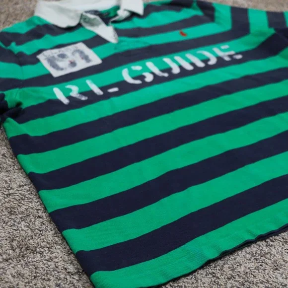 Vintage Polo Ralph Lauren RL Guide Striped Rugby Shirt Green Navy XXL Custom Fit - Picture 10 of 13